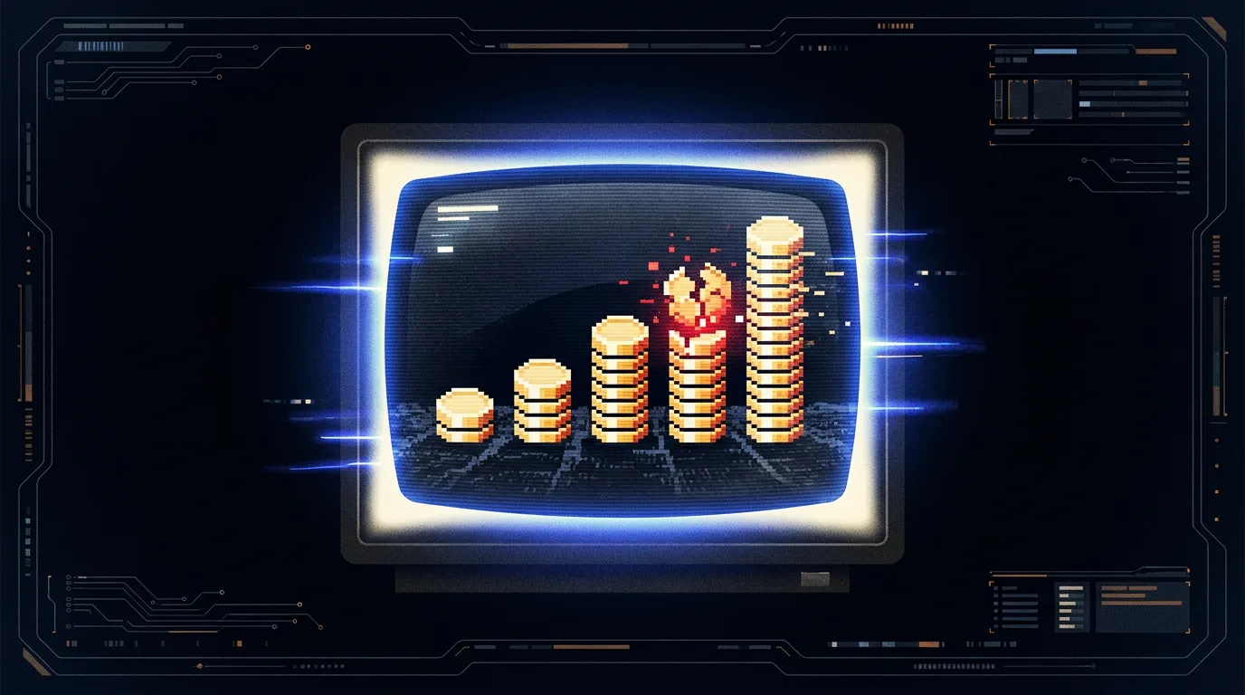 monedas pixel-art ascendiendo como gráfico en pantalla CRT — el costo del marketing con ia