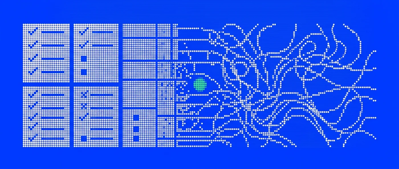halftone ilustración de evolución de gestión empresarial a IA